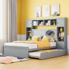 Full Size Wooden Bed With All-in-One Cabinet, Shelf and Sockets,Twin Size Trundle, Gray