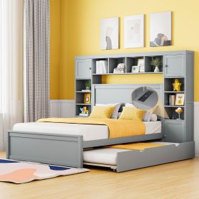 Full Size Wooden Bed With All-in-One Cabinet, Shelf and Sockets,Twin Size Trundle, Gray