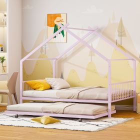 Twin Size Metal House Bed with Twin Size Trundle, Pink