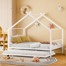 Full Size Metal House Bed with Twin Size Trundle, White