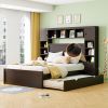 Queen Size Wooden Bed With All-in-One Cabinet, Shelf and Sockets,Twin XL Trundle,Espresso