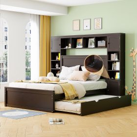 Queen Size Wooden Bed With All-in-One Cabinet, Shelf and Sockets,Twin XL Trundle,Espresso