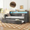 Twin Size Daybed with Trundle Bed, Upholstered Daybed with Charging Station and LED Lights, Gray(Expect arrival date Jun, 14th)