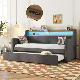 Twin Size Daybed with Trundle Bed, Upholstered Daybed with Charging Station and LED Lights, Gray(Expect arrival date Jun, 14th)