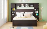 Queen Size Wooden Bed With All-in-One Cabinet, Shelf and Sockets,Twin XL Trundle,Espresso