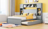 Full Size Wooden Bed With All-in-One Cabinet, Shelf and Sockets,Twin Size Trundle, Gray