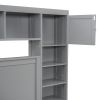 Queen Size Wooden Bed With All-in-One Cabinet, Shelf and Sockets,Twin XL Trundle, Gray