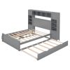 Full Size Wooden Bed With All-in-One Cabinet, Shelf and Sockets,Twin Size Trundle, Gray