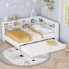 Wooden Full Size DayBed with Twin Size Trundle, DayBed with Storage Shelf and USB Charging Ports,White