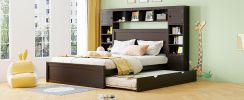 Queen Size Wooden Bed With All-in-One Cabinet, Shelf and Sockets,Twin XL Trundle,Espresso