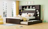 Queen Size Wooden Bed With All-in-One Cabinet, Shelf and Sockets,Twin XL Trundle,Espresso