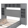 Full Size Wooden Bed With All-in-One Cabinet, Shelf and Sockets,Twin Size Trundle, Gray