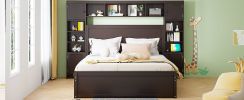 Queen Size Wooden Bed With All-in-One Cabinet, Shelf and Sockets,Twin XL Trundle,Espresso