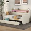 Twin Size Daybed with Storage Drawers, Upholstered Daybed with Charging Station and LED Lights, Beige (Expect arrive date: Jun.,20th.)