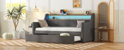 Twin Size Daybed with Trundle Bed, Upholstered Daybed with Charging Station and LED Lights, Gray(Expect arrival date Jun, 14th)