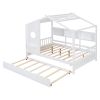 Wooden Full Size House Bed With Trundle, Modern Design for Kids with Storage Shlef, White