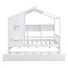 Wooden Full Size House Bed With Trundle, Modern Design for Kids with Storage Shlef, White