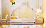 Twin Size Metal House Bed with Twin Size Trundle, Pink