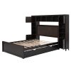 Full Size Wooden Bed With All-in-One Cabinet, Shelf and Sockets,Twin Size Trundle, Espresso