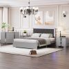 4-Pieces Bedroom Sets Queen Size Upholstered Bed with LED Lights, Mirrored Nightstands and Dresser with Metal Handles and Legs,Grey