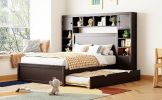 Full Size Wooden Bed With All-in-One Cabinet, Shelf and Sockets,Twin Size Trundle, Espresso