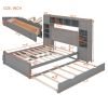 Full Size Wooden Bed With All-in-One Cabinet, Shelf and Sockets,Twin Size Trundle, Gray