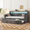 Twin Size Daybed with Trundle Bed, Upholstered Daybed with Charging Station and LED Lights, Gray(Expect arrival date Jun, 14th)