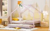 Twin Size Metal House Bed with Twin Size Trundle, Pink