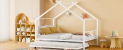 Full Size Metal House Bed with Twin Size Trundle, White