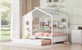 Wooden Full Size House Bed With Trundle, Modern Design for Kids with Storage Shlef, White