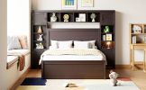 Full Size Wooden Bed With All-in-One Cabinet, Shelf and Sockets,Twin Size Trundle, Espresso