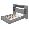Full Size Wooden Bed With All-in-One Cabinet, Shelf and Sockets,Twin Size Trundle, Gray