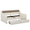 Twin Size Daybed with Storage Drawers, Upholstered Daybed with Charging Station and LED Lights, Beige (Expect arrive date: Jun.,20th.)