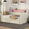 Twin Size Daybed with Storage Drawers, Upholstered Daybed with Charging Station and LED Lights, Beige (Expect arrive date: Jun.,20th.)