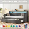 Twin Size Daybed with Trundle Bed, Upholstered Daybed with Charging Station and LED Lights, Gray(Expect arrival date Jun, 14th)
