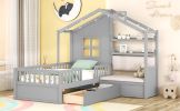 Twin Size House Bed with Sofa, Kids Platform Bed with Two Drawers and Storage Shelf, Gray