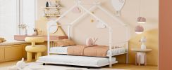 Twin Size Metal House Bed with Twin Size Trundle, White