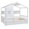 Wooden Full Size House Bed With Trundle, Modern Design for Kids with Storage Shlef, White