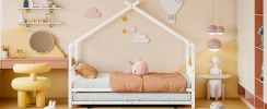 Twin Size Metal House Bed with Twin Size Trundle, White