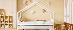 Full Size Metal House Bed with Twin Size Trundle, White