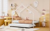 Twin Size Metal House Bed with Twin Size Trundle, White