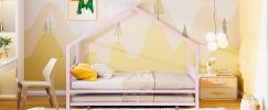 Twin Size Metal House Bed with Twin Size Trundle, Pink