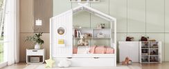 Wooden Full Size House Bed With Trundle, Modern Design for Kids with Storage Shlef, White