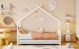 Twin Size Metal House Bed with Twin Size Trundle, White