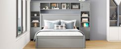 Queen Size Wooden Bed With All-in-One Cabinet, Shelf and Sockets,Twin XL Trundle, Gray