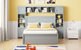 Full Size Wooden Bed With All-in-One Cabinet, Shelf and Sockets,Twin Size Trundle, Gray
