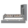 Full Size Wooden Bed With All-in-One Cabinet, Shelf and Sockets,Twin Size Trundle, Gray