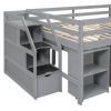 Full Size Loft Bed with Retractable Writing Desk and 3 Drawers, Wooden Loft Bed with Storage Stairs and Shelves, Gray