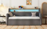 Twin Size Daybed with Trundle Bed, Upholstered Daybed with Charging Station and LED Lights, Gray(Expect arrival date Jun, 14th)