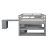Full Size Loft Bed with Retractable Writing Desk and 3 Drawers, Wooden Loft Bed with Storage Stairs and Shelves, Gray